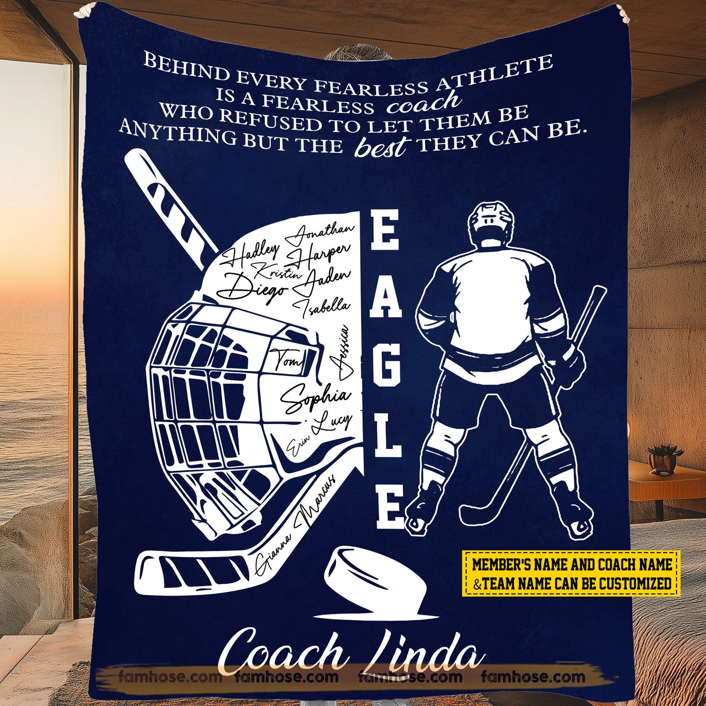 Motivational Personalized Hockey Boy Fleece Blanket, Eagle Sport Woven Blanket, Cool Sherpa Blanket Gift For Hockey Lovers