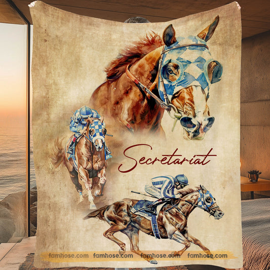 Vintage Secretariat Fleece Blanket, Horse Racing Woven Blanket, Sherpa Blanket Gift For Secretariat Horse Racing Lovers