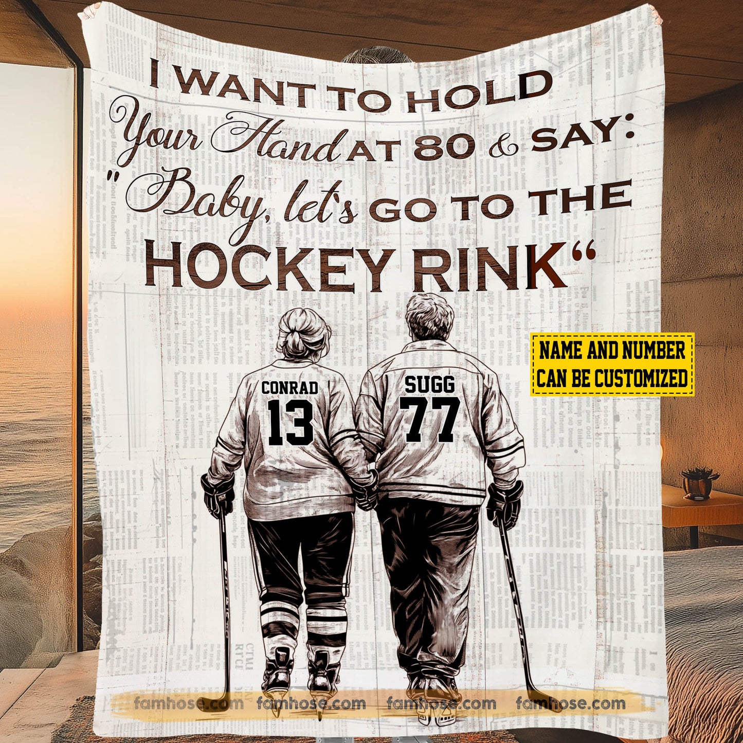 Romantic Personalized Hockey Couple Fleece Blanket, I Want To Hold Your Hand Sport Woven Blanket - Sherpa Blanket Valentine's Day Gift For Hockey-Loving Couple