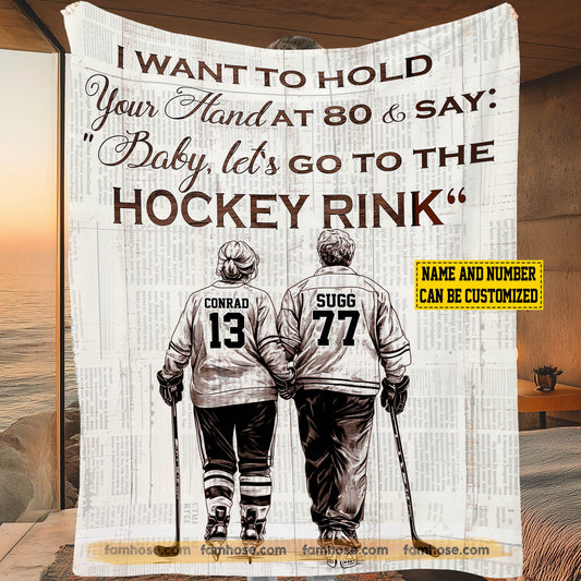 Romantic Personalized Hockey Couple Fleece Blanket, I Want To Hold Your Hand Sport Woven Blanket - Sherpa Blanket Valentine's Day Gift For Hockey-Loving Couple