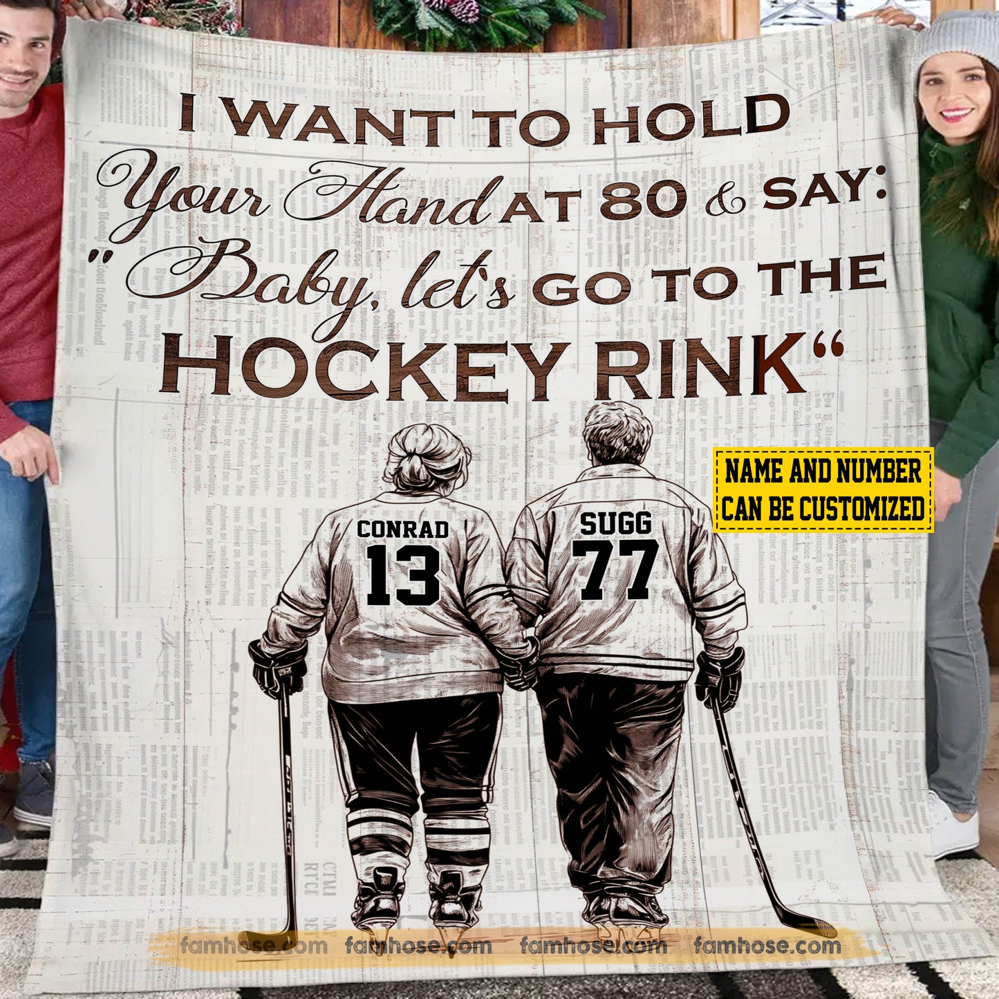 Romantic Personalized Hockey Couple Fleece Blanket, I Want To Hold Your Hand Sport Woven Blanket - Sherpa Blanket Valentine's Day Gift For Hockey-Loving Couple