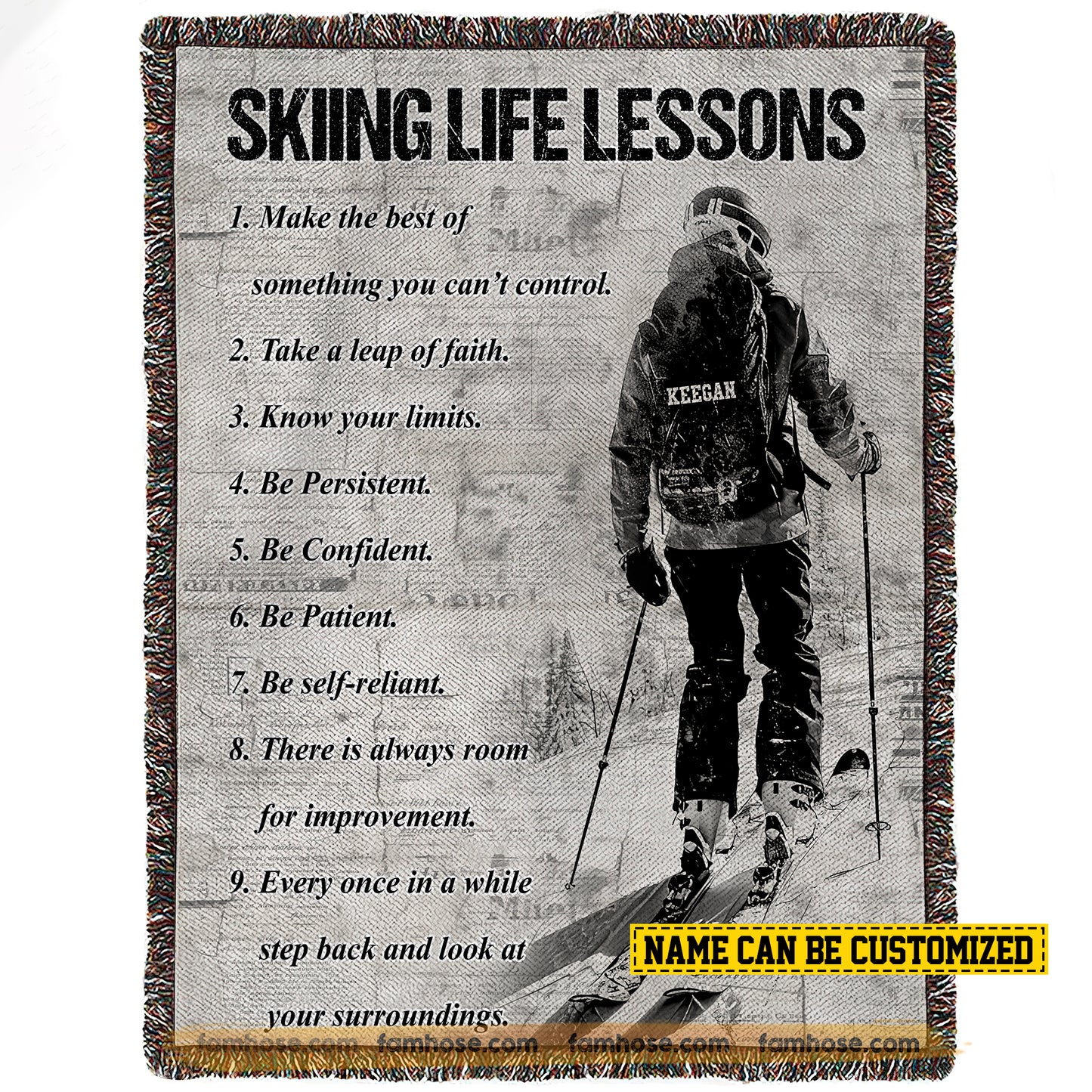 Motivational Personalized Skiing Fleece Blanket, Skiing Life Lessons Sport Woven Blanket, Cool Sherpa Blanket Gift For Skiing Lovers