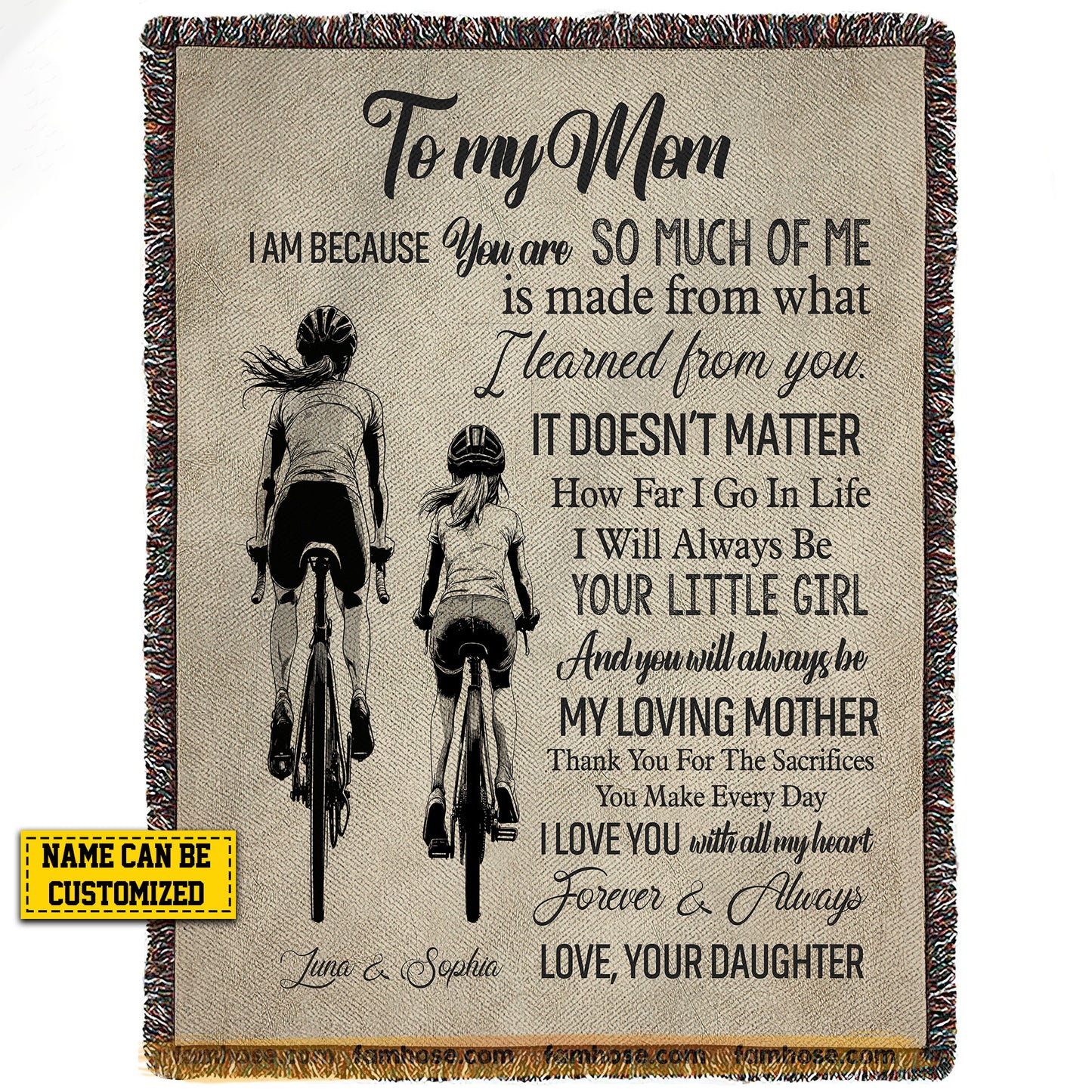 Personalized Cycling Mom Daughter Fleece Blanket, To My Mom I Am Because You Are Sport Woven Blanket, Cool Sherpa Blanket Mother's Day Gift For Mom From Cycling Girl