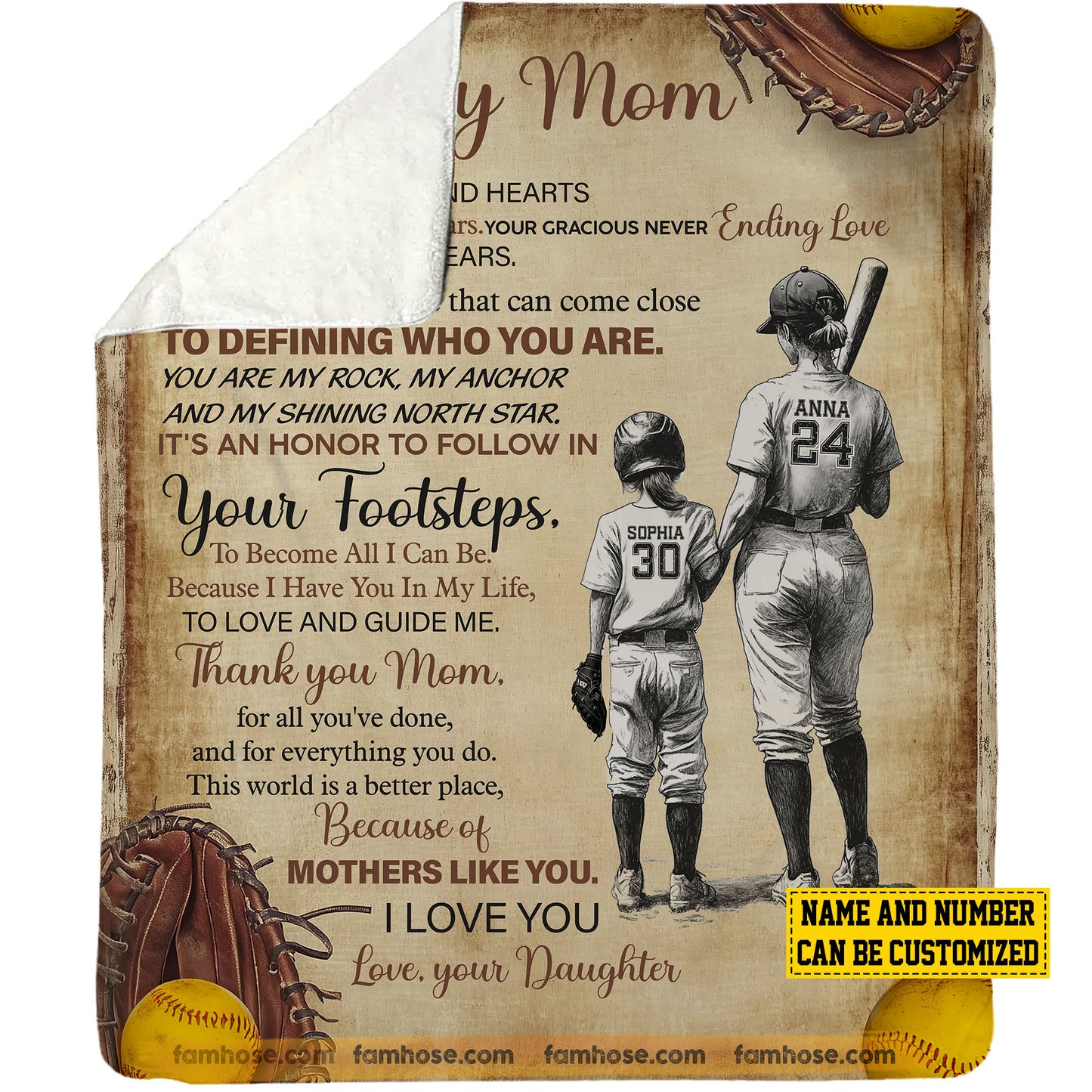 Personalized Softball Mom Daughter Fleece Blanket, To My Mom It's An Honor To Follow In Your Footsteps Sport Woven Blanket, Sherpa Blanket Mother's Day Gift For Mom From Softball Girl