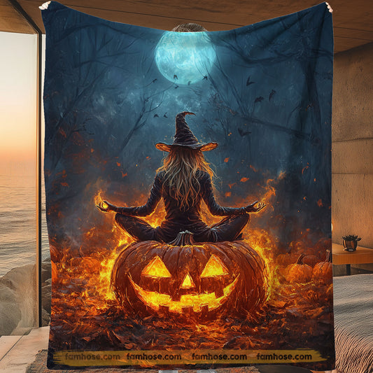 Halloween Meditation Fleece Blanket, A Witch Sits Cross Woven Blanket, Sherpa Blanket Spooky Season Gift For Meditation Lovers