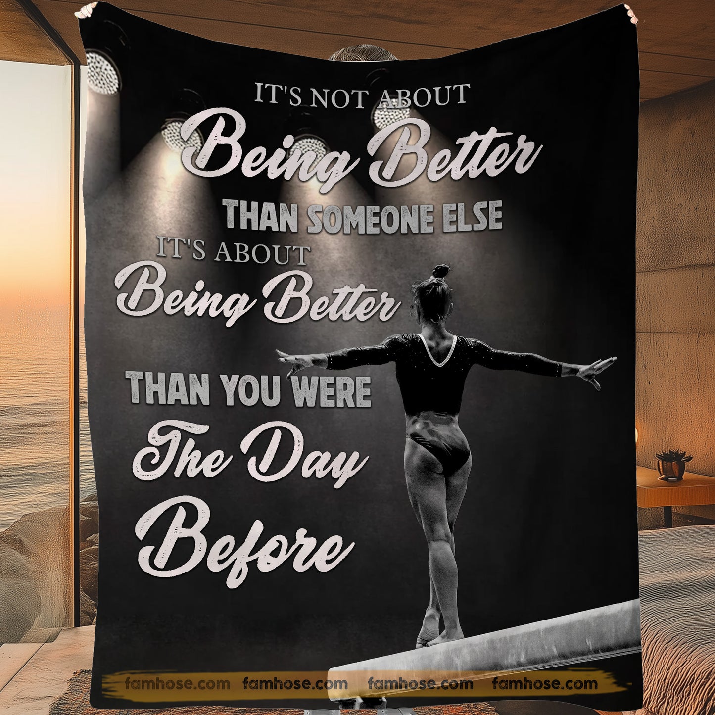 Motivational Gymnastic Woman Fleece Blanket, It's Not About Being Better Than Someone Else Woven Blanket, Cool Sherpa Blanket Gift For Gymnastic Lovers