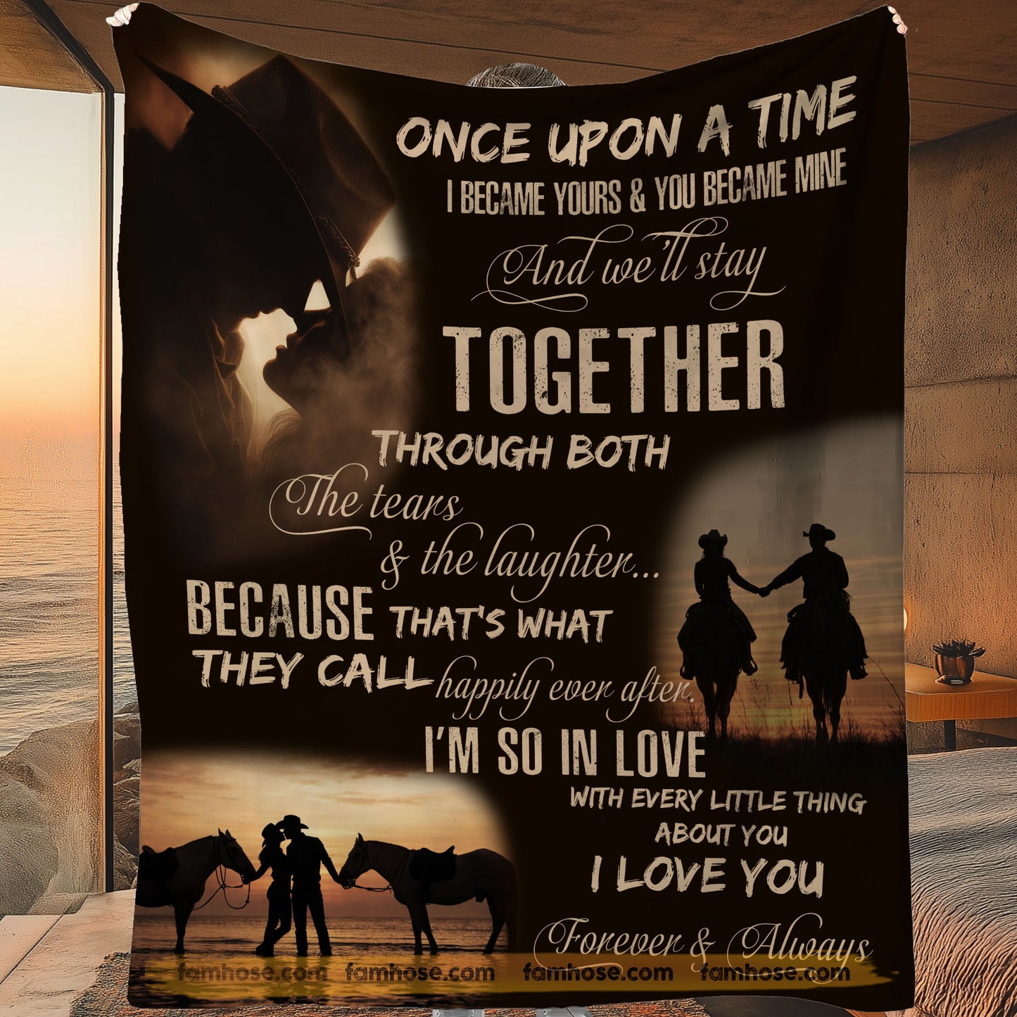 Cowboy Cowgirl Couple Fleece Blanket, Once Upon A Time Woven Blanket, Cozy Sherpa Blanket Valentine Gift For Western Couple