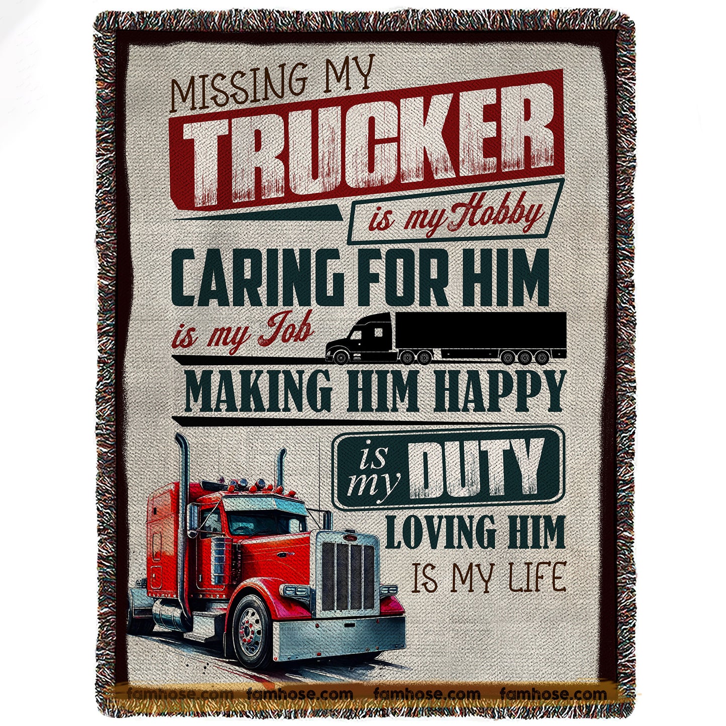 Trucker's Wife Fleece Blanket, Missing My Trucker Is My Hobby Woven Blanket, Cozy Sherpa Blanket Valentine Gift For Trucker's Wife