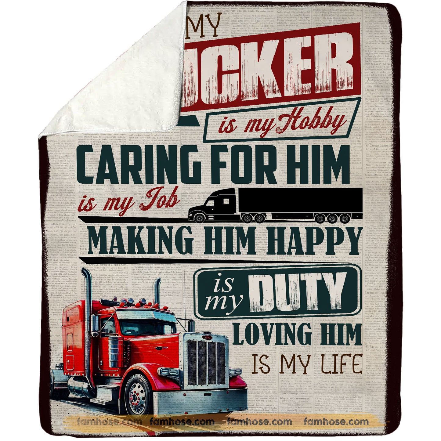 Trucker's Wife Fleece Blanket, Missing My Trucker Is My Hobby Woven Blanket, Cozy Sherpa Blanket Valentine Gift For Trucker's Wife