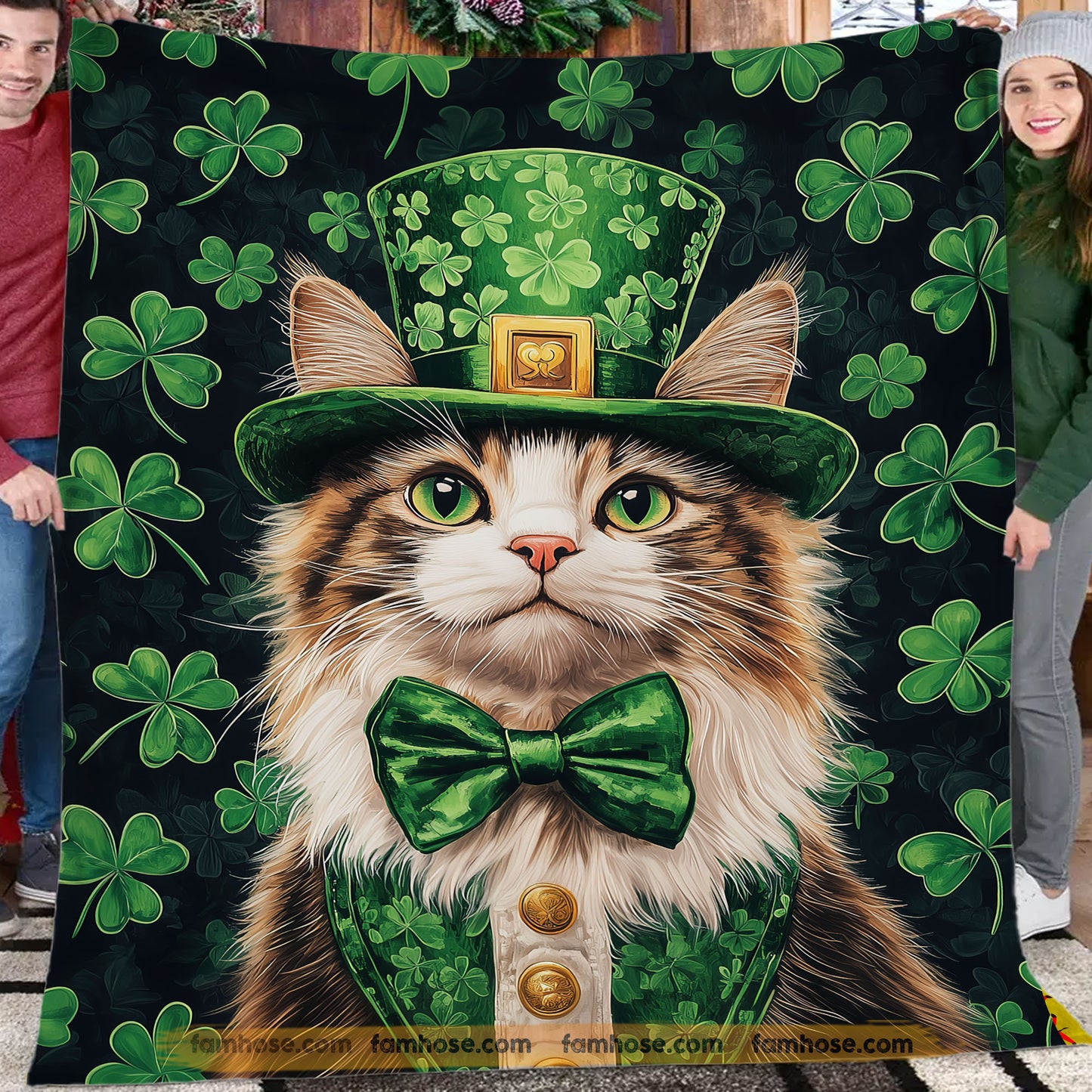 Shamrock Cat Fleece Blanket, Lucky Cat In Green Woven Blanket, Sherpa Blanket Patrick's Day Gift For For Cat Lover