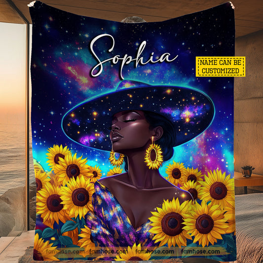 Personalized Black Woman Fleece Blanket, Wrapped in Melanin & Stardust Sherpa Blanket, Woven Blanket Gift For Black Woman