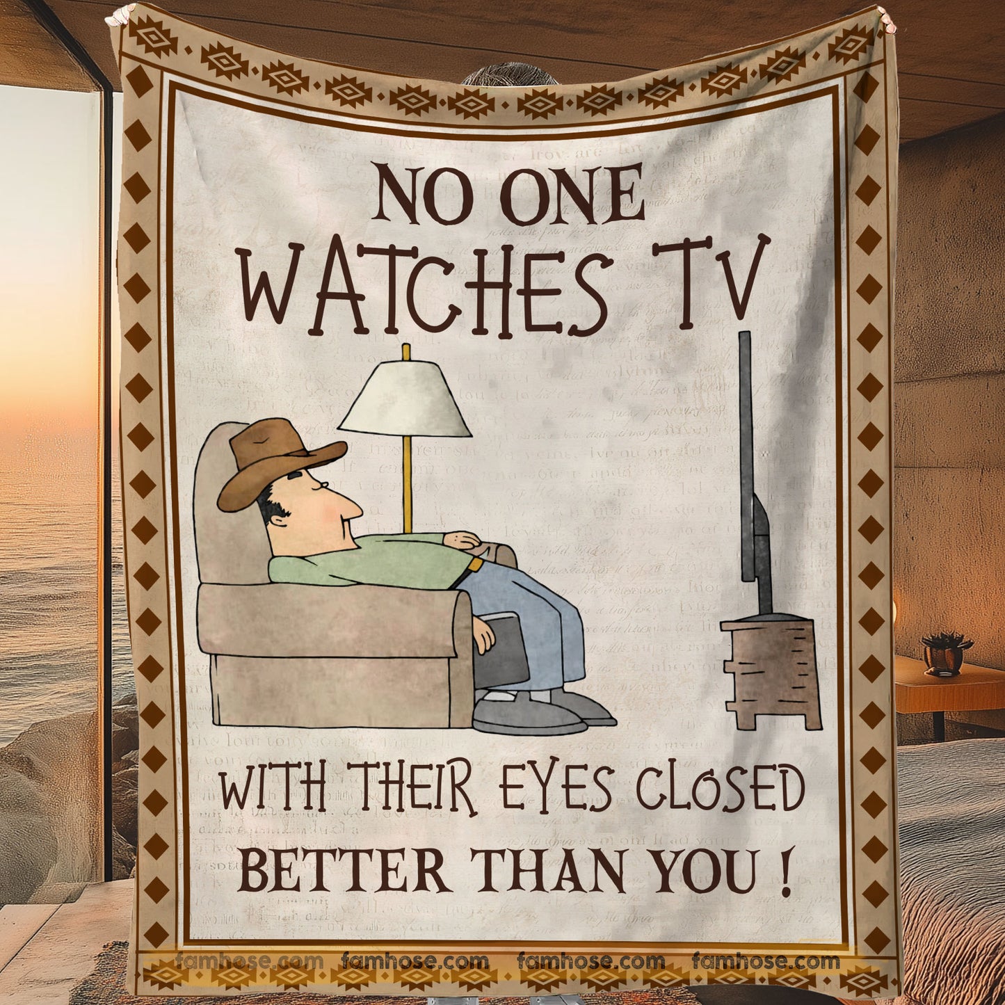 Funny Dad Fleece Blanket, No One Watches TV With Their Eyes Closed Woven Blanket, Sherpa Blanket Father's Day Gift For Cowboy Dad