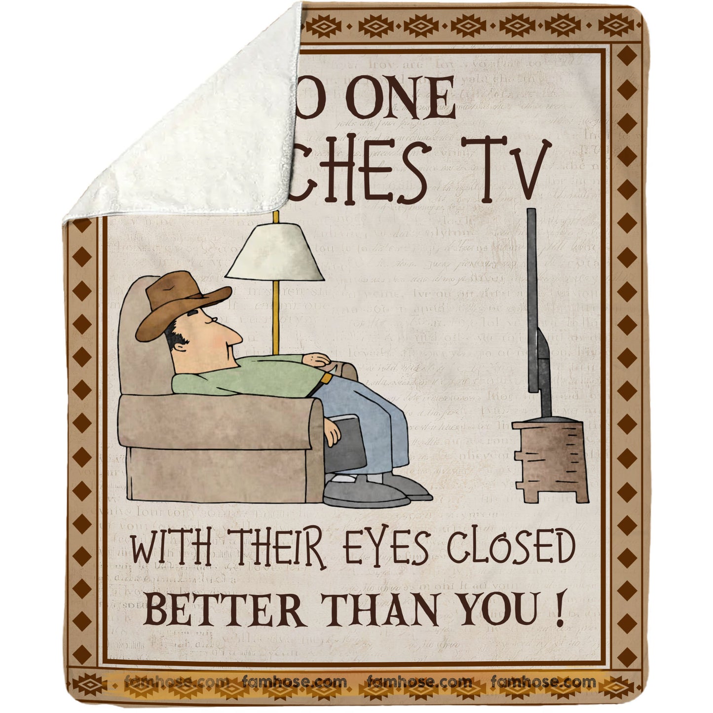 Funny Dad Fleece Blanket, No One Watches TV With Their Eyes Closed Woven Blanket, Sherpa Blanket Father's Day Gift For Cowboy Dad