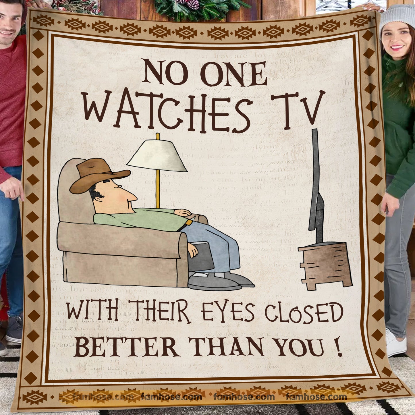Funny Dad Fleece Blanket, No One Watches TV With Their Eyes Closed Woven Blanket, Sherpa Blanket Father's Day Gift For Cowboy Dad