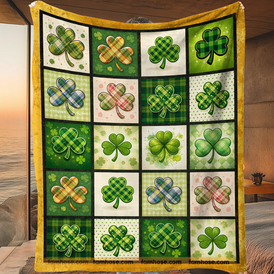 Shamrock Fleece Blanket, Patchwork Of Lucky Shamrock Woven Blanket, Sherpa Blanket Patrick's Day Gift For For Irish Lovers