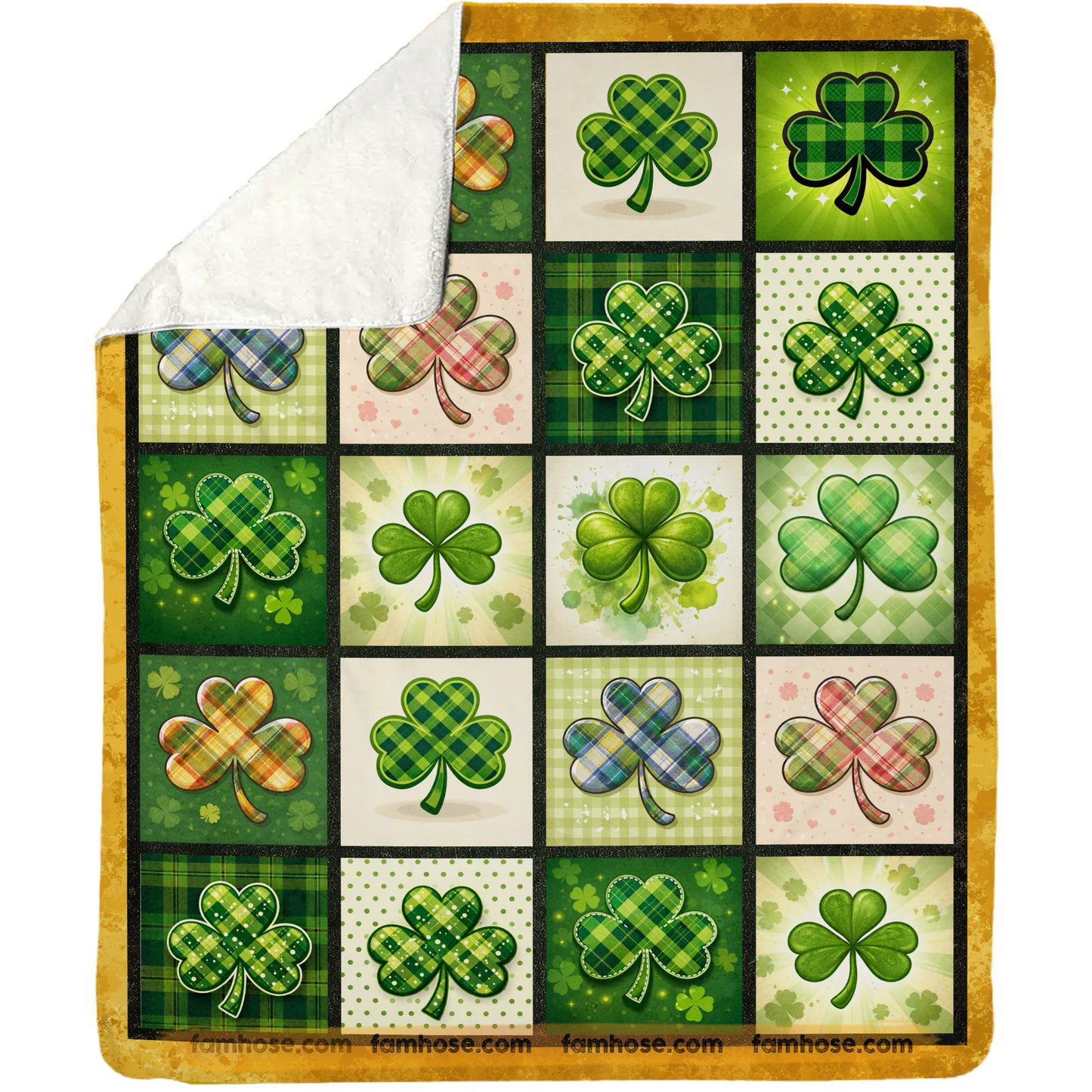 Shamrock Fleece Blanket, Patchwork Of Lucky Shamrock Woven Blanket, Sherpa Blanket Patrick's Day Gift For For Irish Lovers
