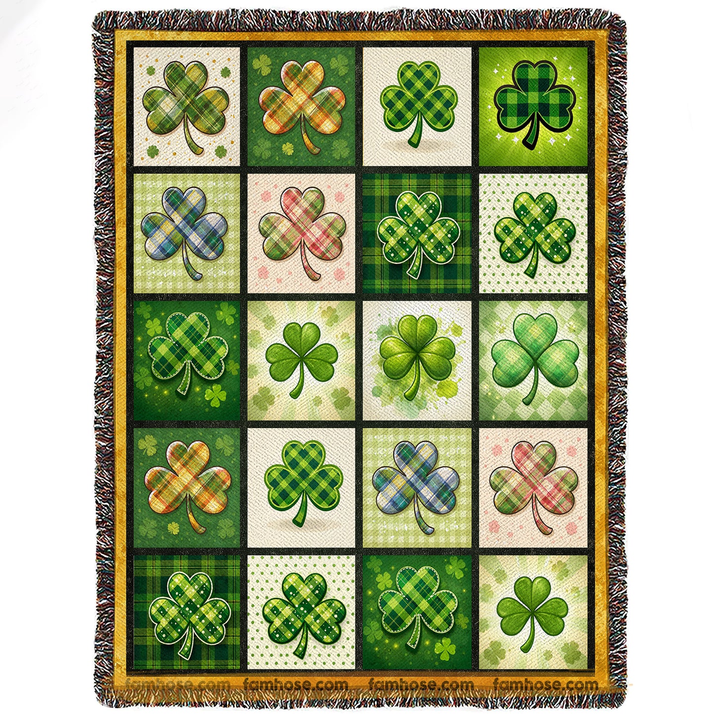 Shamrock Fleece Blanket, Patchwork Of Lucky Shamrock Woven Blanket, Sherpa Blanket Patrick's Day Gift For For Irish Lovers