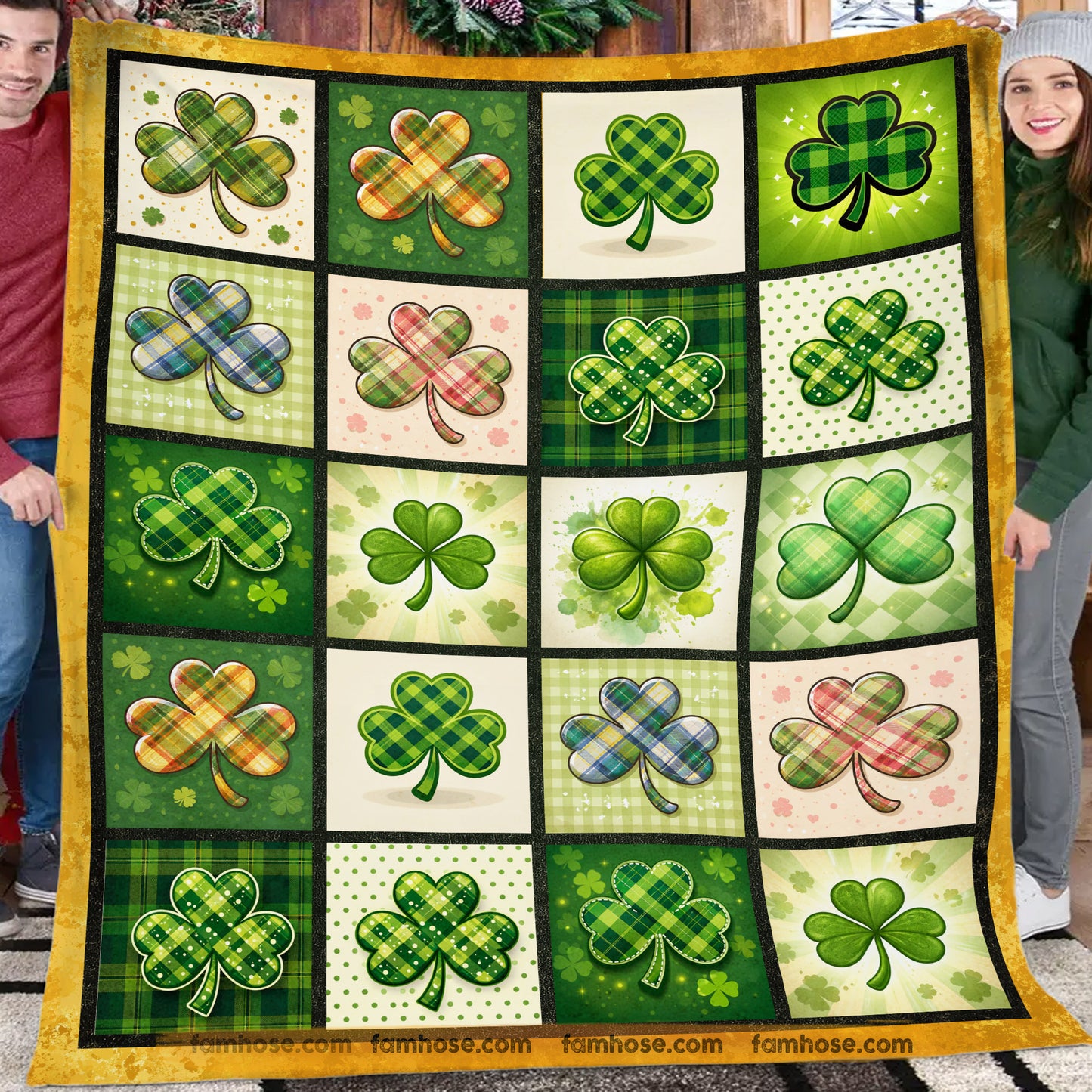 Shamrock Fleece Blanket, Patchwork Of Lucky Shamrock Woven Blanket, Sherpa Blanket Patrick's Day Gift For For Irish Lovers