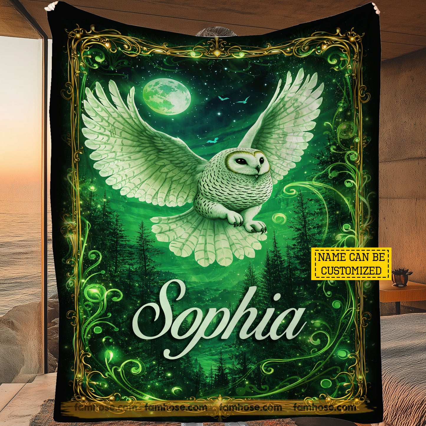 Personalized Owl Fleece Blanket, Moonlit Snowy Owl Sherpa Blanket, Woven Blanket Gift For Owl Lovers