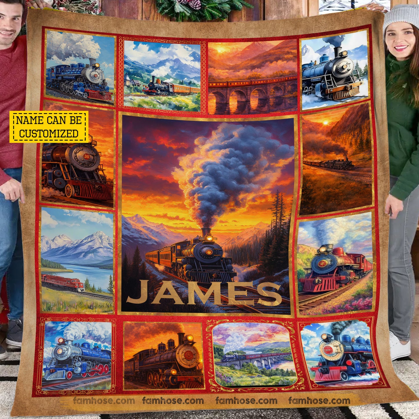 Personalized Train Fleece Blanket, Steam Locomotive Woven Blanket, Cozy Sherpa Blanket Gift For Train Lovers