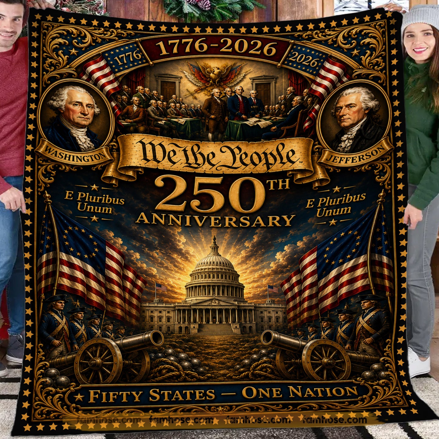 July 4th Washington Jefferson USA 250th Anniversary Fleece Blanket, We The People Woven Blanket, Sherpa Blanket Independence Day Gift For American Patriot