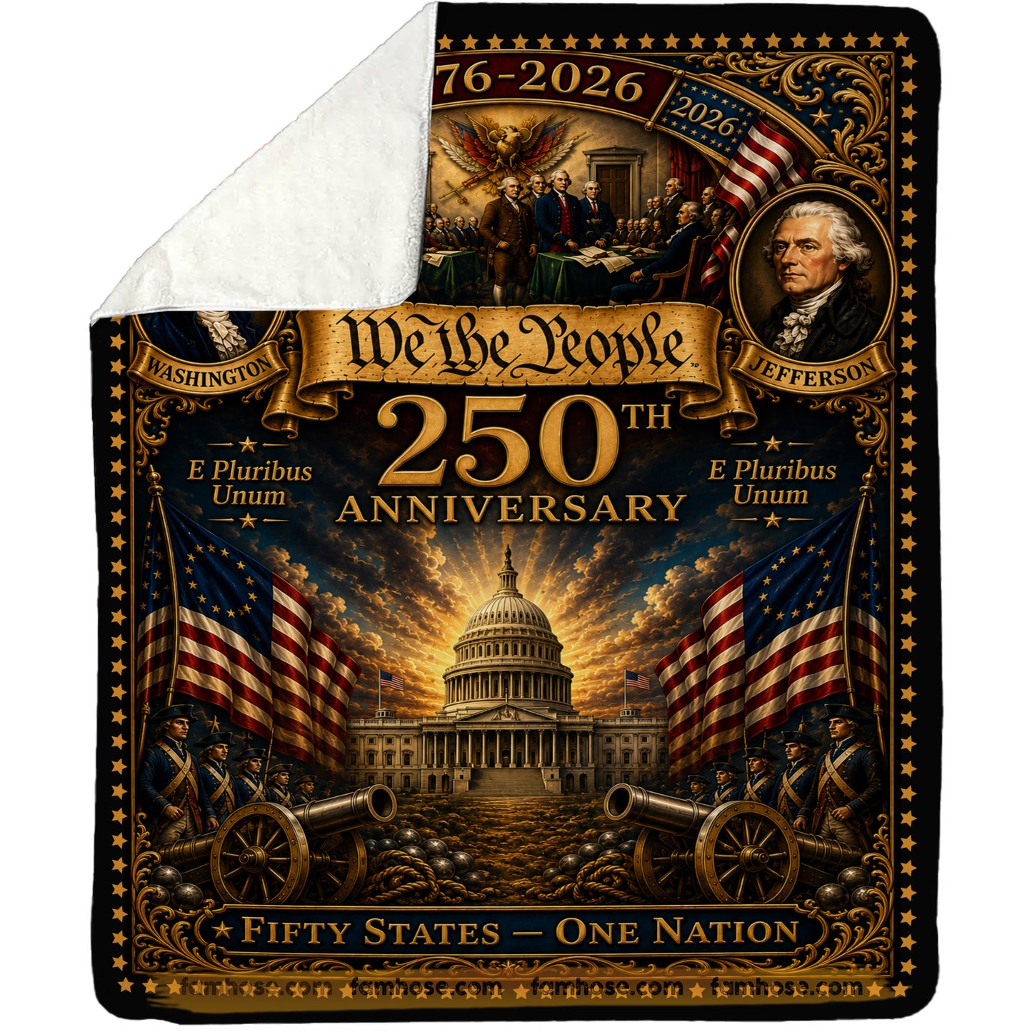 July 4th Washington Jefferson USA 250th Anniversary Fleece Blanket, We The People Woven Blanket, Sherpa Blanket Independence Day Gift For American Patriot