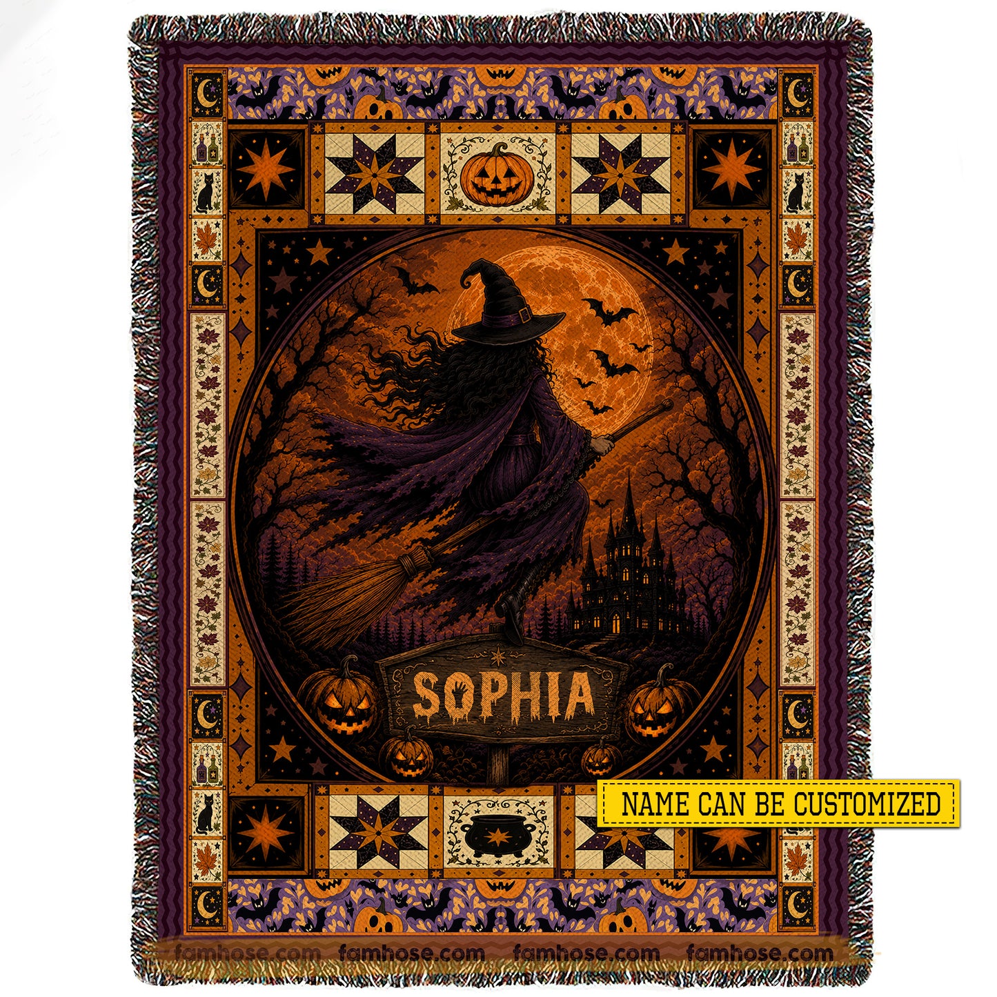 Personalized Halloween Witch Fleece Blanket, Fly With The Moon Woven Blanket, Sherpa Blanket Spooky Season Gift For Witch Lover