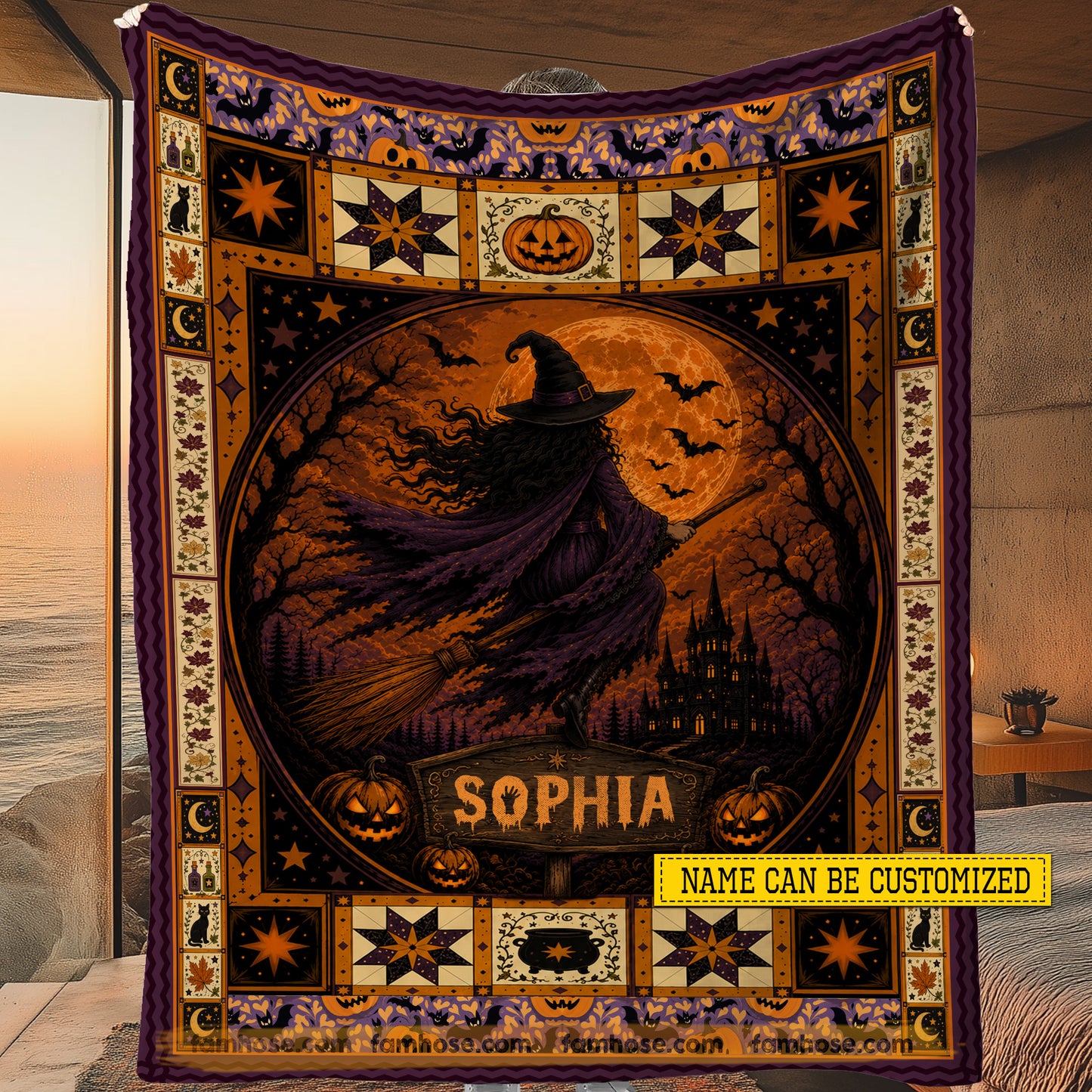 Personalized Halloween Witch Fleece Blanket, Fly With The Moon Woven Blanket, Sherpa Blanket Spooky Season Gift For Witch Lover