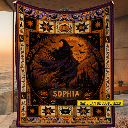 Personalized Halloween Witch Fleece Blanket, Fly With The Moon Woven Blanket, Sherpa Blanket Spooky Season Gift For Witch Lover