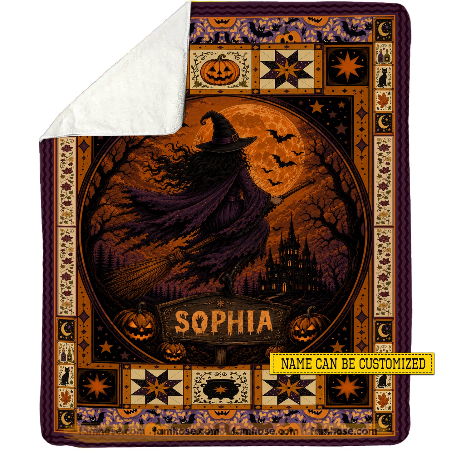 Personalized Halloween Witch Fleece Blanket, Fly With The Moon Woven Blanket, Sherpa Blanket Spooky Season Gift For Witch Lover