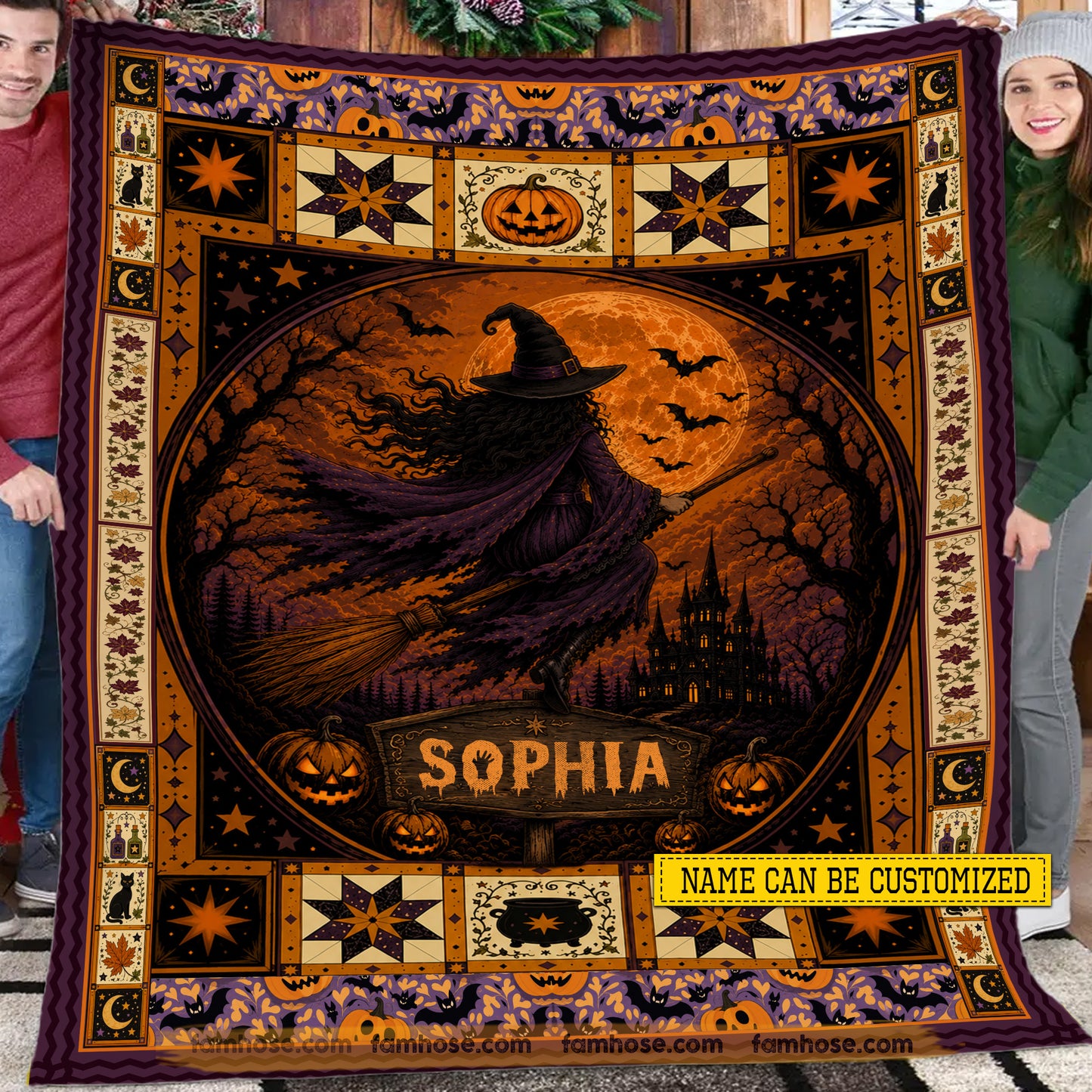 Personalized Halloween Witch Fleece Blanket, Fly With The Moon Woven Blanket, Sherpa Blanket Spooky Season Gift For Witch Lover