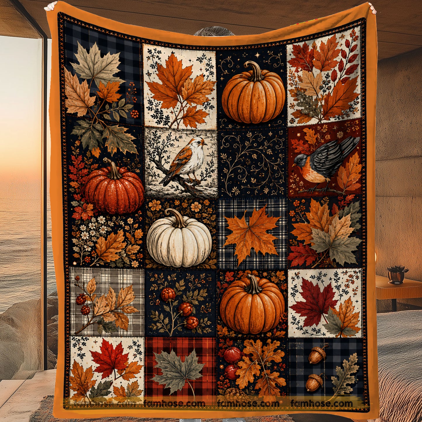 Halloween Autumn Maple Leaves Throw Fleece Blanket, Fall Pumpkin Patchwork Woven Blanket, Sherpa Blanket Spooky Season Gift For Pumpkins Lover