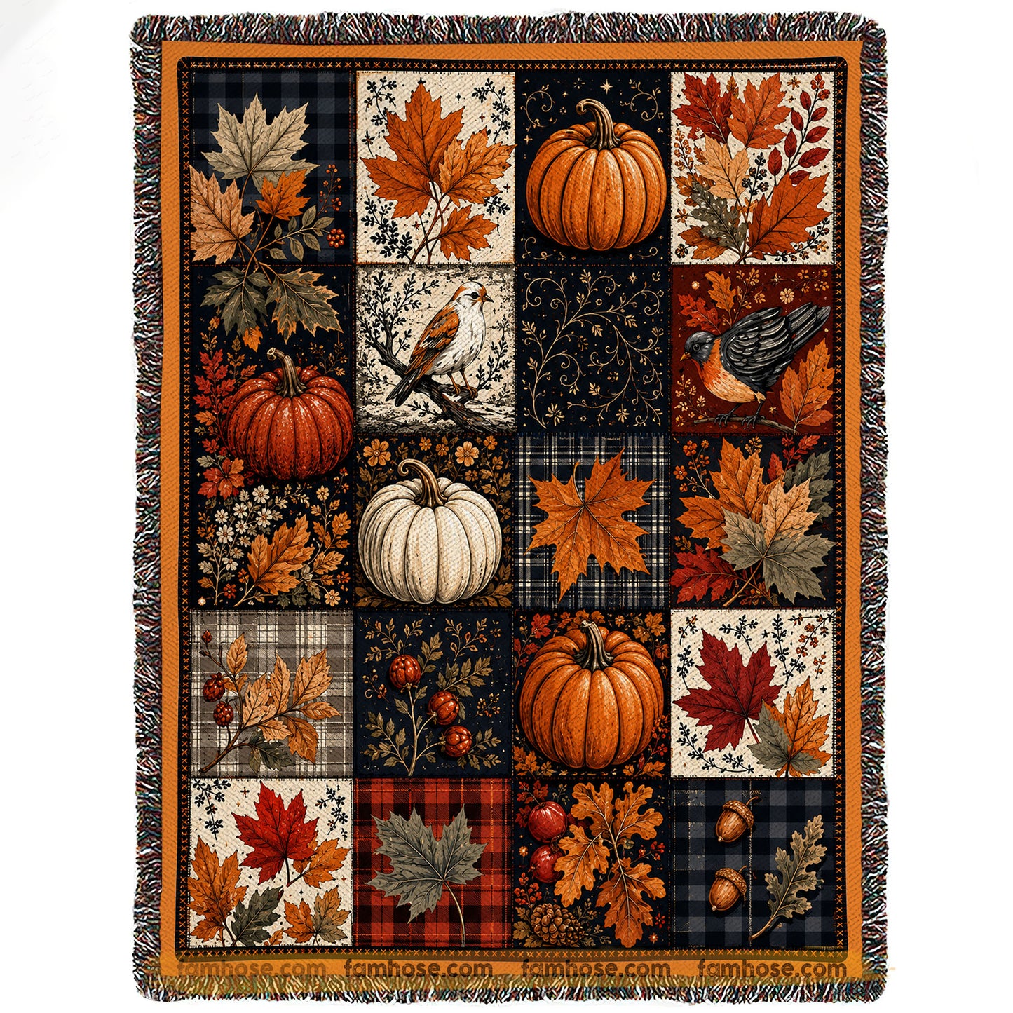 Halloween Autumn Maple Leaves Throw Fleece Blanket, Fall Pumpkin Patchwork Woven Blanket, Sherpa Blanket Spooky Season Gift For Pumpkins Lover