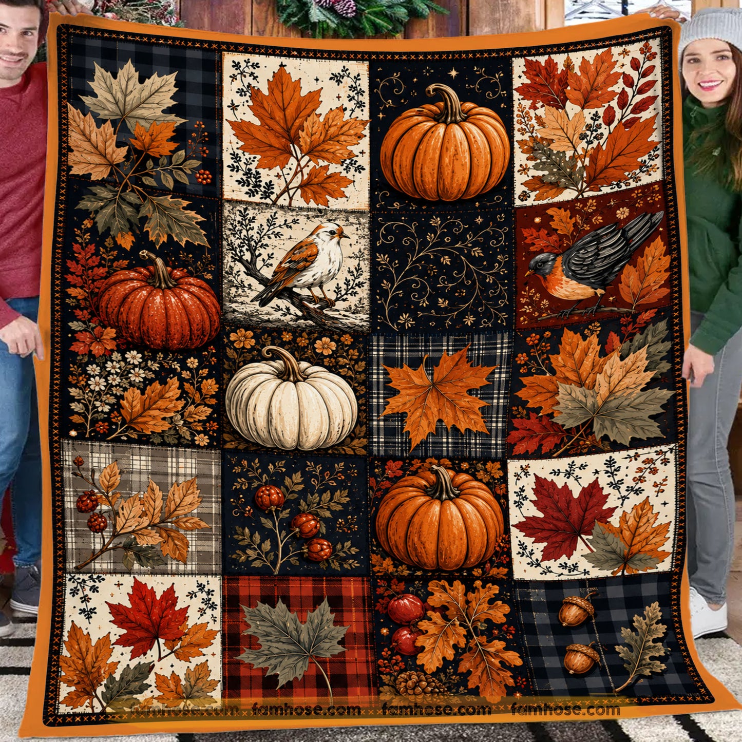 Halloween Autumn Maple Leaves Throw Fleece Blanket, Fall Pumpkin Patchwork Woven Blanket, Sherpa Blanket Spooky Season Gift For Pumpkins Lover