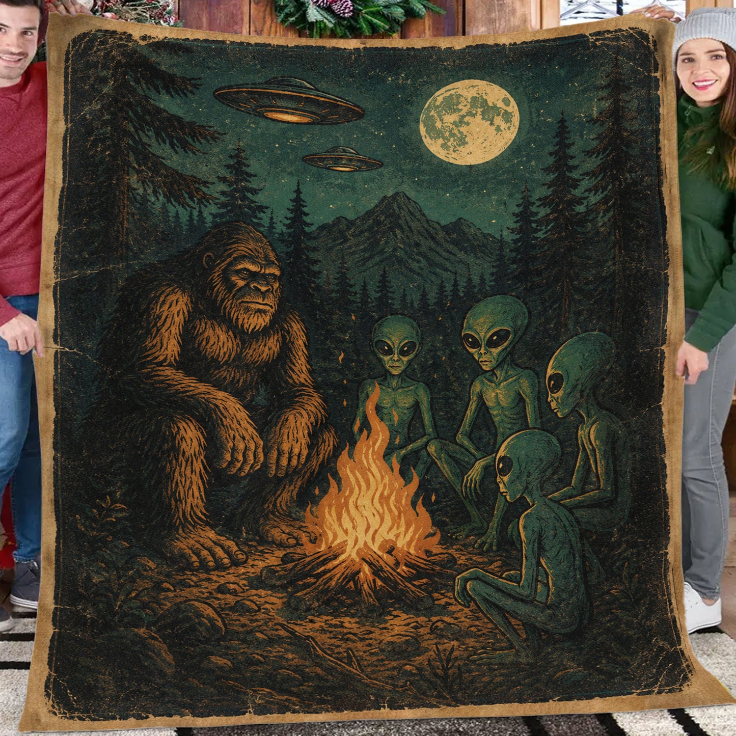 Vintage Bigfoot & Alien UFO Fleece Blanket, Campfire With Strangers Woven Blanket, Sherpa Blanket Gift For Bigfoot & Alien Lover