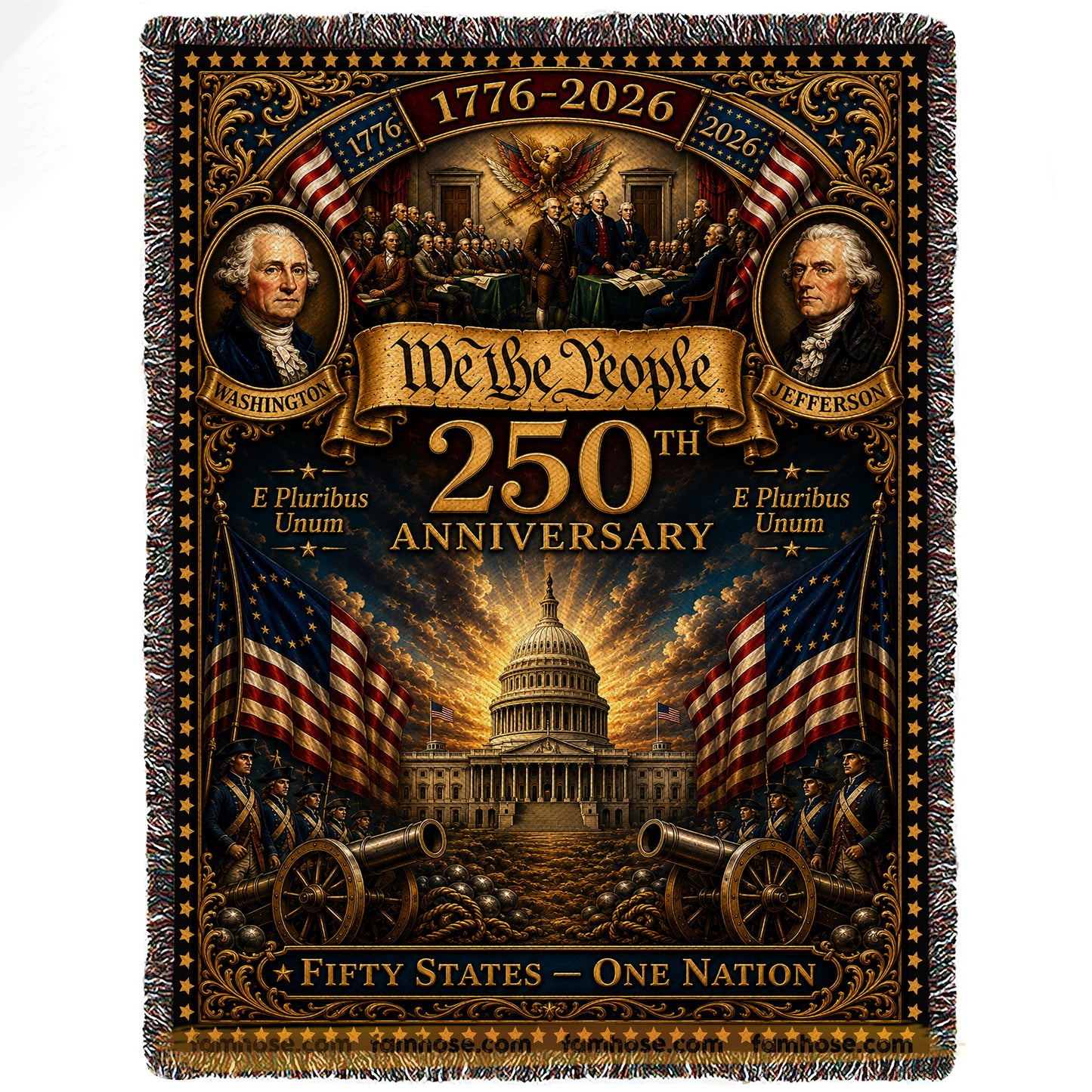 July 4th Washington Jefferson USA 250th Anniversary Fleece Blanket, We The People Woven Blanket, Sherpa Blanket Independence Day Gift For American Patriot