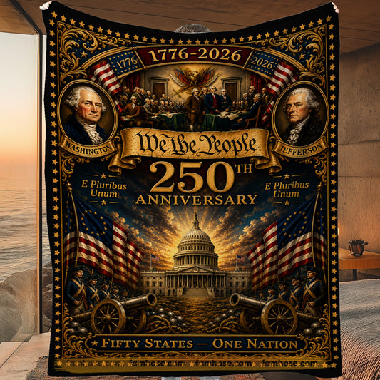 July 4th Washington Jefferson USA 250th Anniversary Fleece Blanket, We The People Woven Blanket, Sherpa Blanket Independence Day Gift For American Patriot