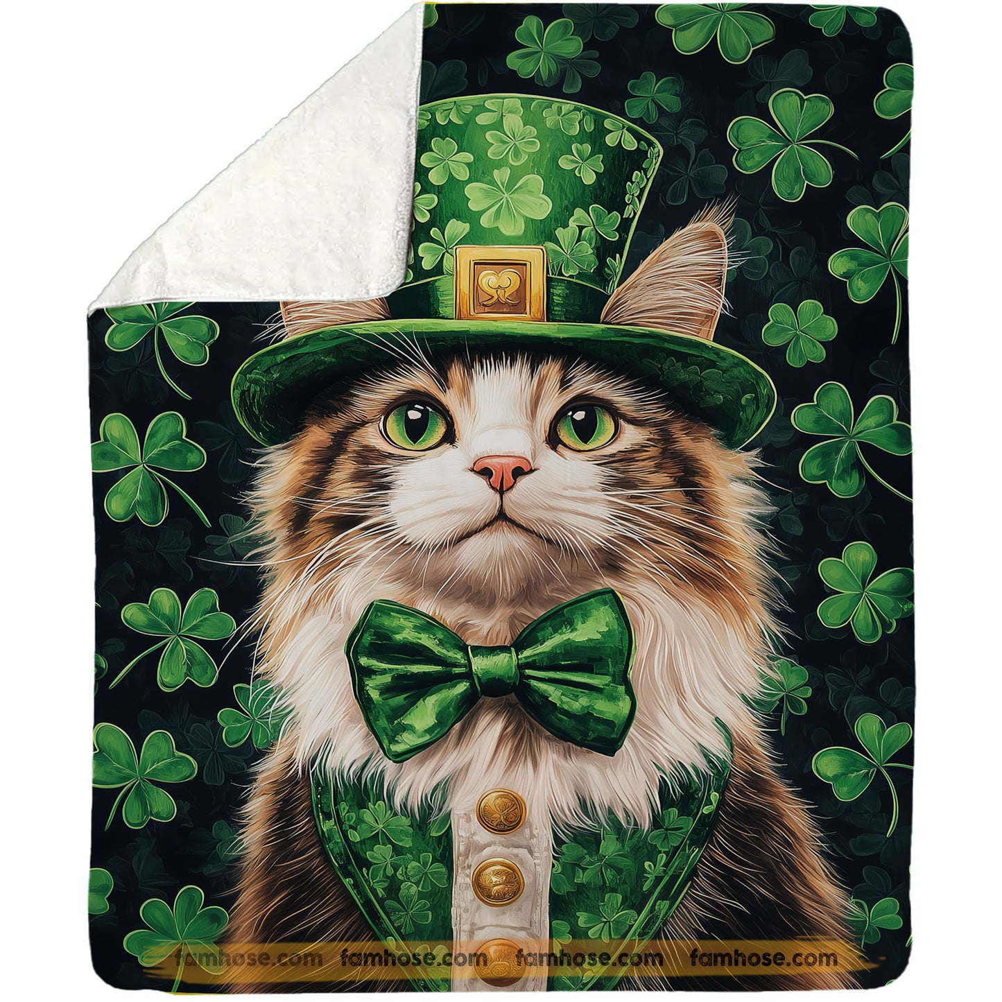 Shamrock Cat Fleece Blanket, Lucky Cat In Green Woven Blanket, Sherpa Blanket Patrick's Day Gift For For Cat Lover