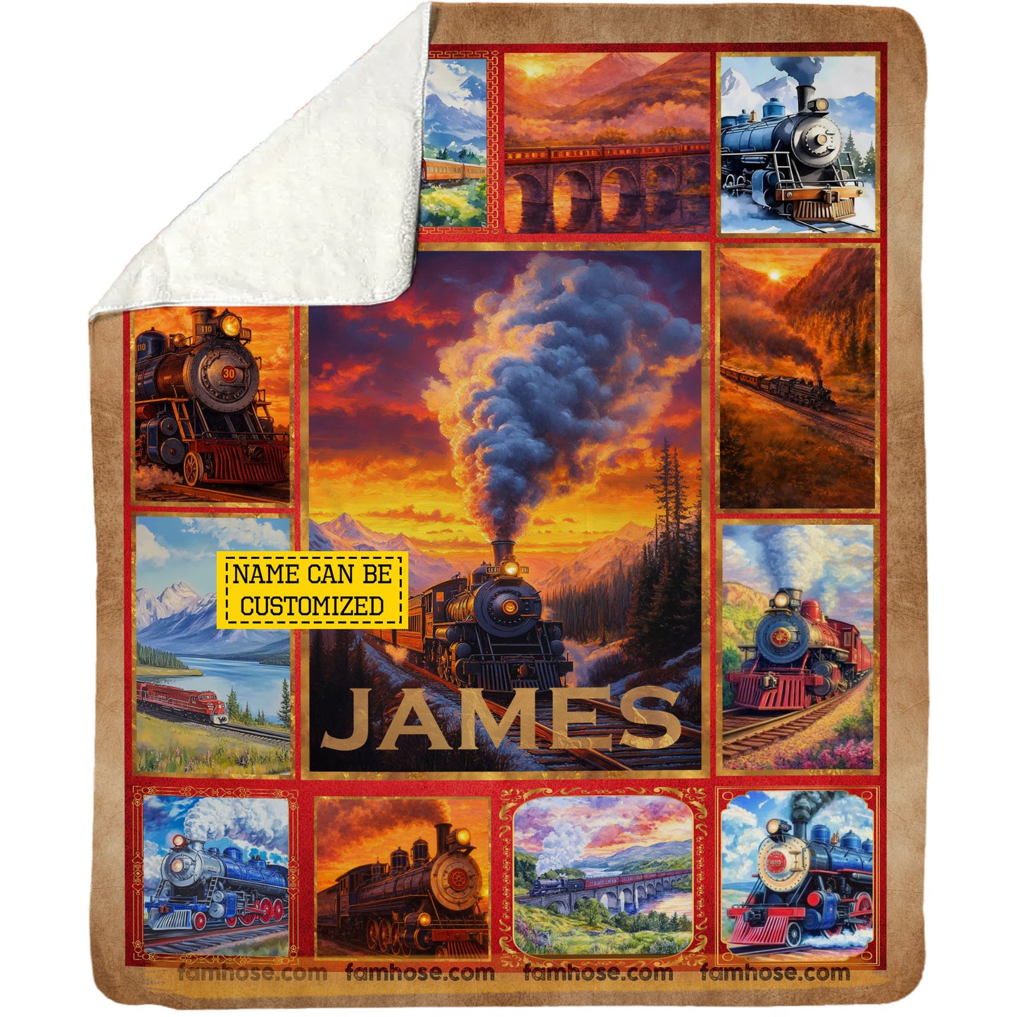Personalized Train Fleece Blanket, Steam Locomotive Woven Blanket, Cozy Sherpa Blanket Gift For Train Lovers