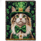 Shamrock Cat Fleece Blanket, Lucky Cat In Green Woven Blanket, Sherpa Blanket Patrick's Day Gift For For Cat Lover