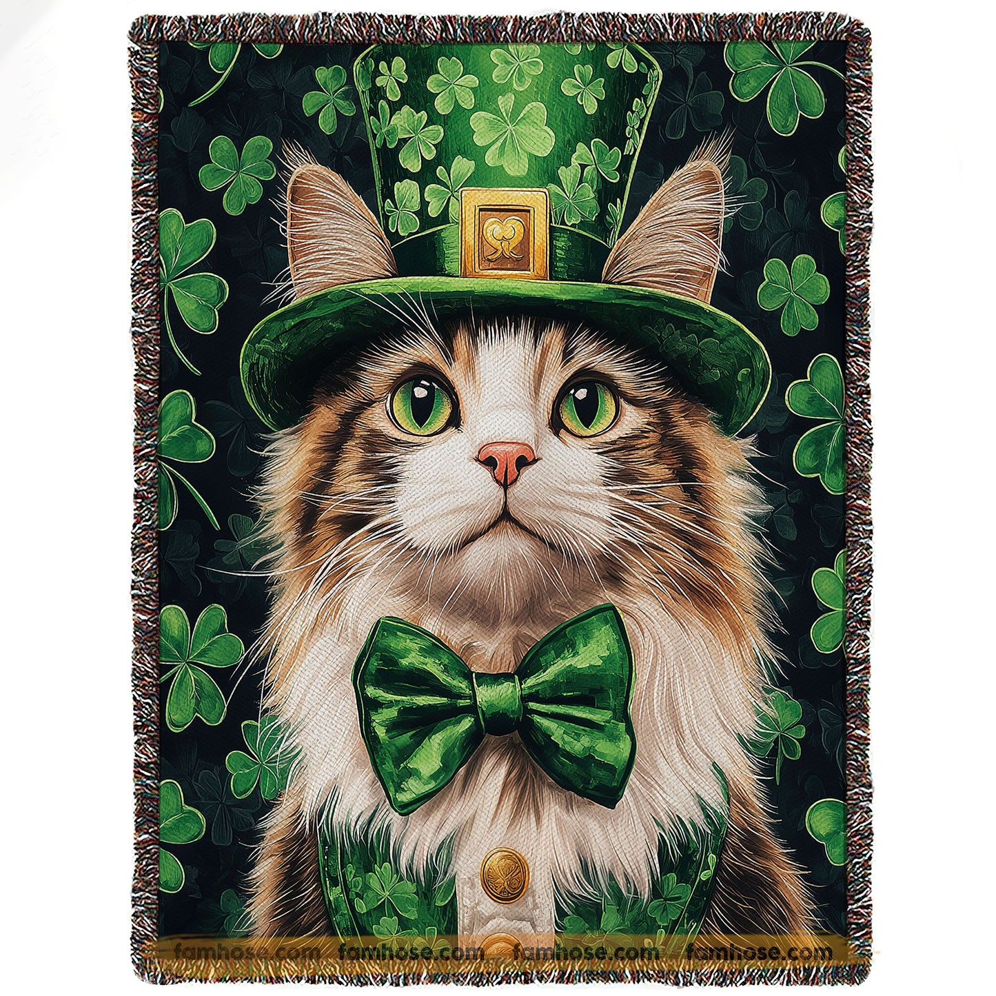Shamrock Cat Fleece Blanket, Lucky Cat In Green Woven Blanket, Sherpa Blanket Patrick's Day Gift For For Cat Lover