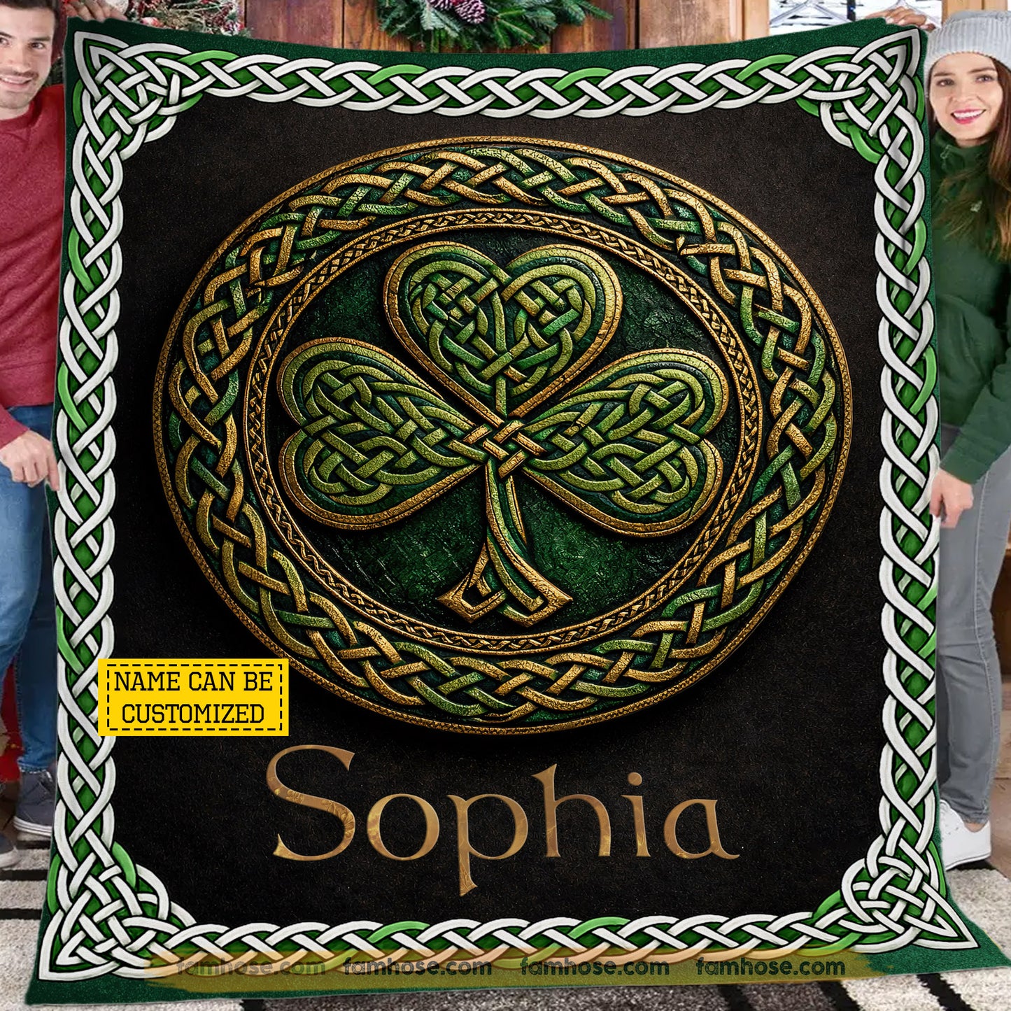Personalized Lucky Shamrock Fleece Blanket, Celtic Shamrock Woven Blanket, Sherpa Blanket Patrick's Day Gift For For Irish Lovers