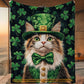 Shamrock Cat Fleece Blanket, Lucky Cat In Green Woven Blanket, Sherpa Blanket Patrick's Day Gift For For Cat Lover