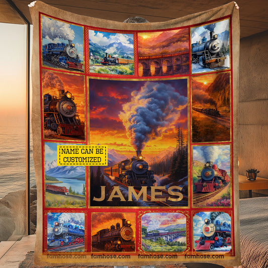 Personalized Train Fleece Blanket, Steam Locomotive Woven Blanket, Cozy Sherpa Blanket Gift For Train Lovers