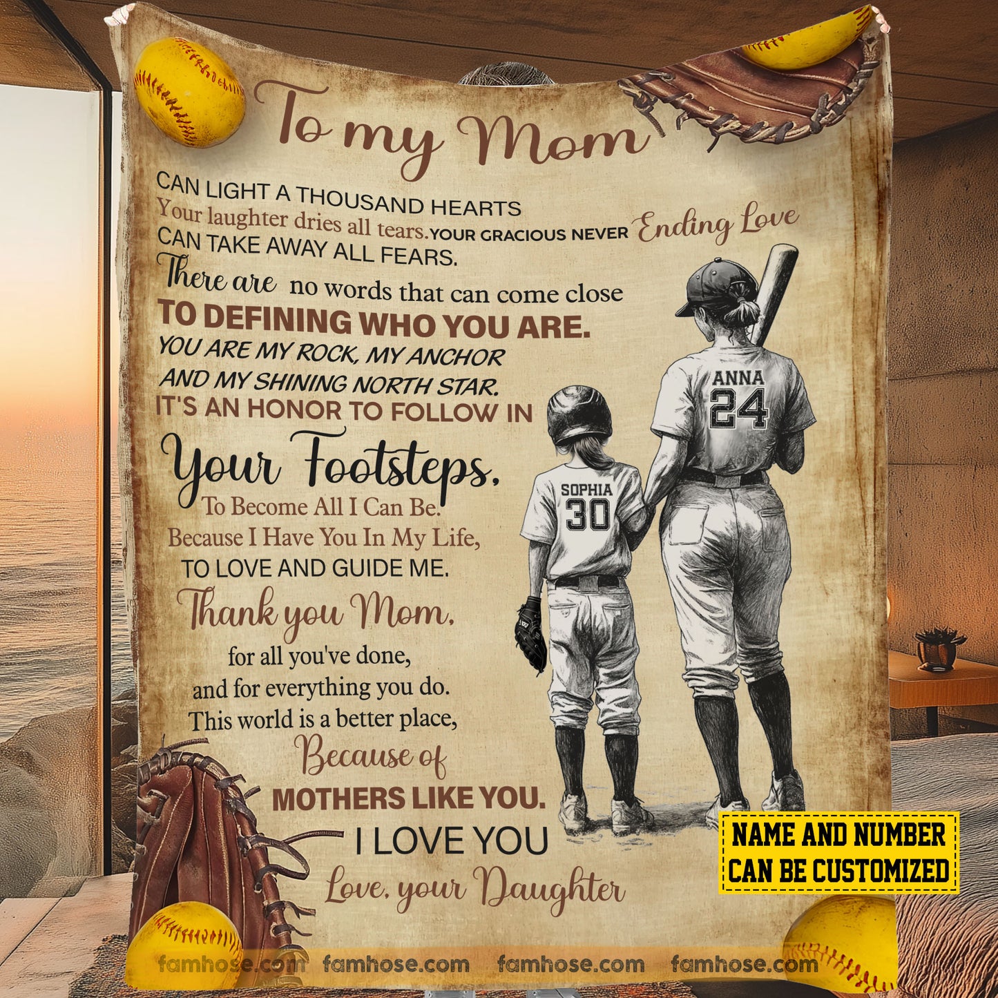 Personalized Softball Mom Daughter Fleece Blanket, To My Mom It's An Honor To Follow In Your Footsteps Sport Woven Blanket, Sherpa Blanket Mother's Day Gift For Mom From Softball Girl