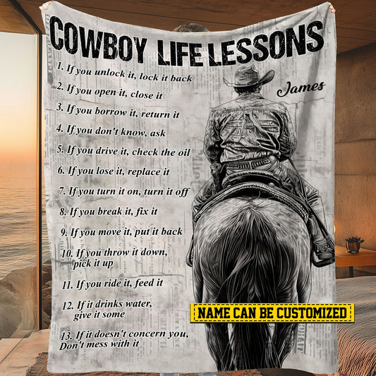 Personalized Cowboy Fleece Blanket, Cowboy Life Lessons Baseball Woven Blanket, Cool Sherpa Blanket Gift For Horse Lovers