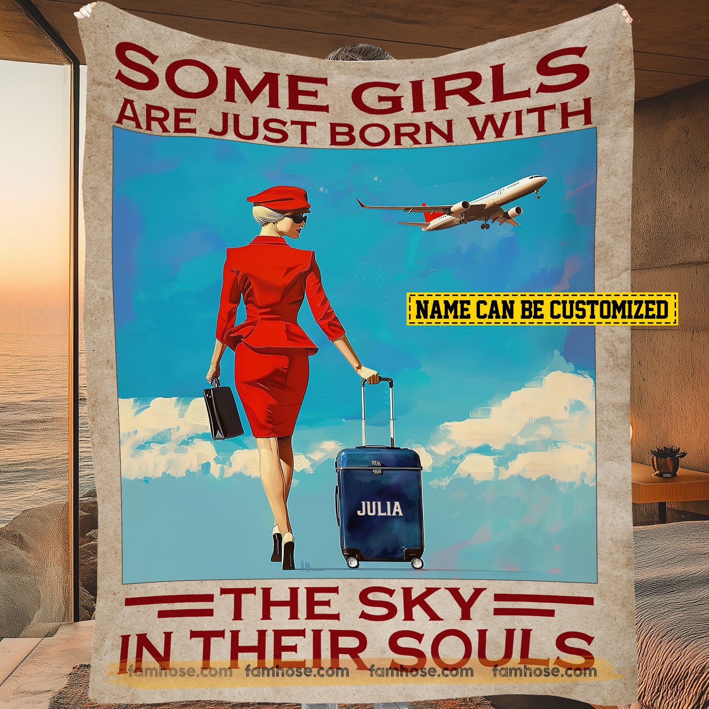Vintage Personalized Flight Attendant Fleece Blanket, Some Girls Are Born To Fly Woven Blanket, Sherpa Blanket Gift For Air Hostess