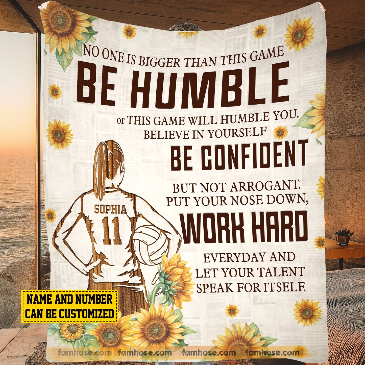 Motivational Personalized Volleyball Girl Fleece Blanket, Be Humble Be Confident And Work Hard Sport Woven Blanket, Cool Sherpa Blanket Gift For Volleyball Lovers