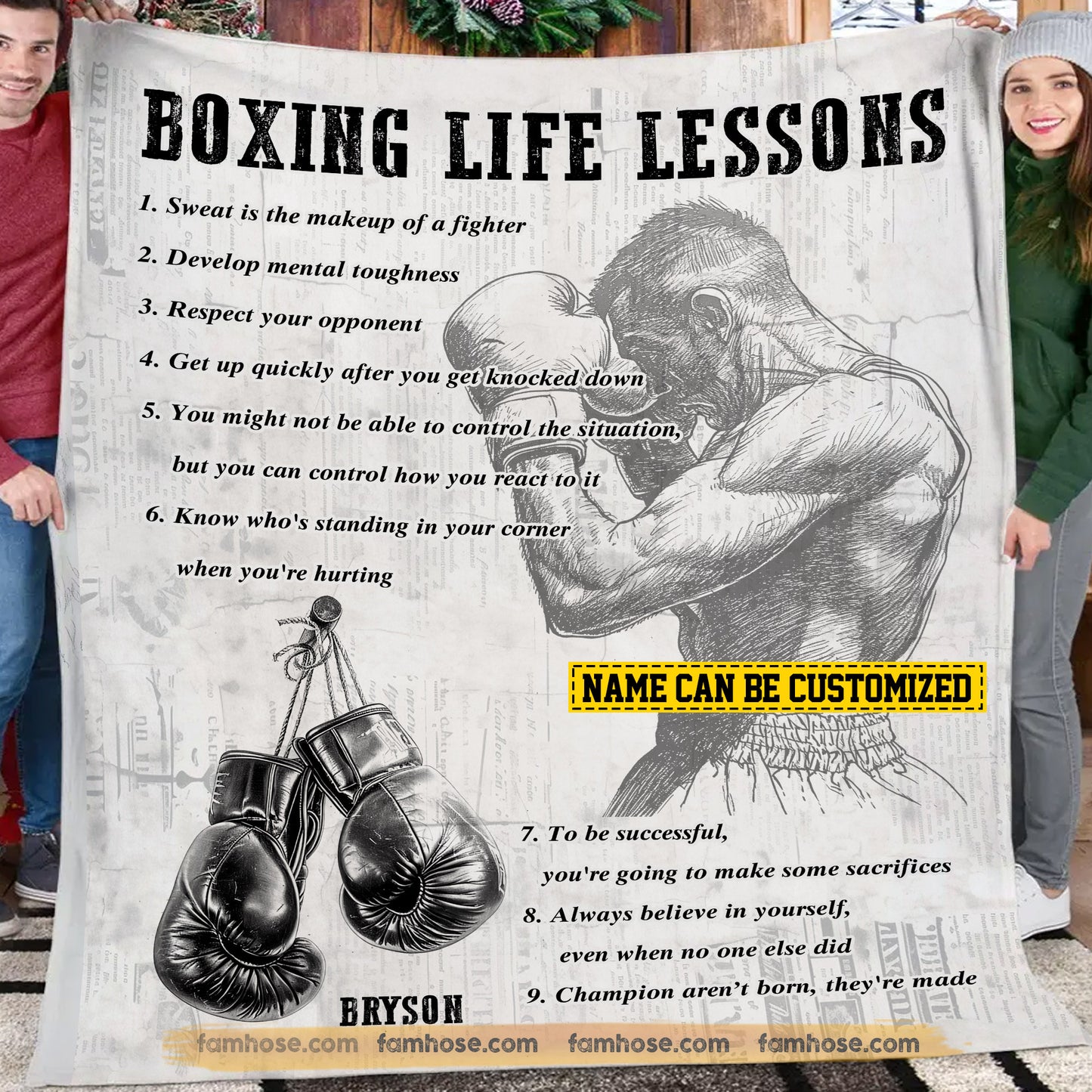 Personalized Boxing Boy Fleece Blanket, Boxing Life Lessons Sport Woven Blanket, Cool Sherpa Blanket Gift For Boxing Lovers