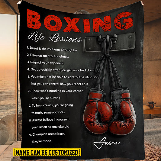 Personalized Boxing Fleece Blanket, Boxing Life Lessons Woven Blanket, Cool Sherpa Blanket Gift For Boxing Lovers